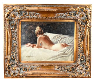Signed Oil Painting Reclining Nude Carved Frame
