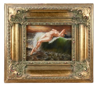 Signed Oil Painting Nude in Ocean Waves