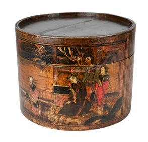 Chinese Hand Painted Bent Wood Round Hat Box
