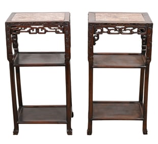 Pair Oriental Carved Marble Top Side Tables