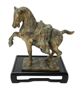 Chinese Bronze Tang Horse Statue on Carved Stand