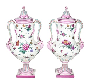 Pair 19th C Gien France Porcelain Faience Urns