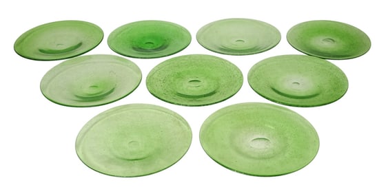 9 Hand Blown Green Glass Dinner Plates