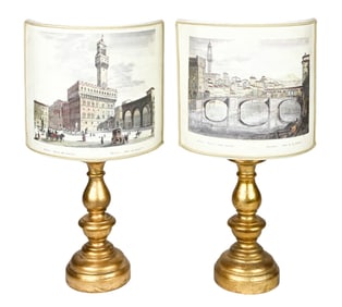 Pair Venetian Style Carved Lamps w Demi Shades