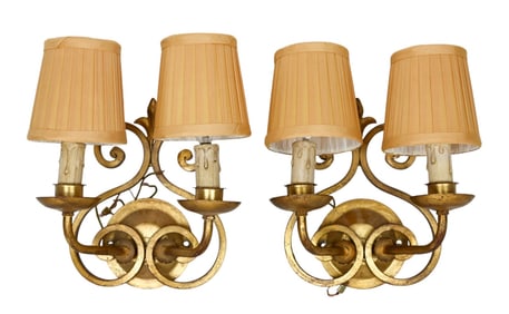 Pair Wrought Iron & Tole Gilt Tone Sconces