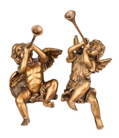 Pair Resin Bronze Tone Trumpeting Putti Angels