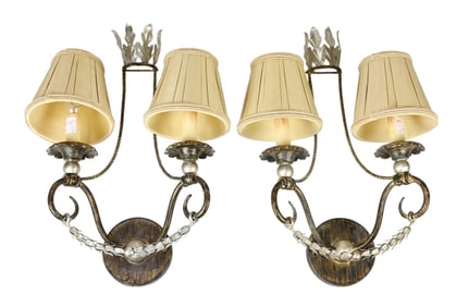 Pair Wrought Iron & Tole Bronze Tone Sconces