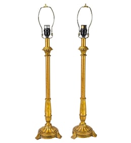 Pair Neo Classical Style Gilt Candlestick Lamps