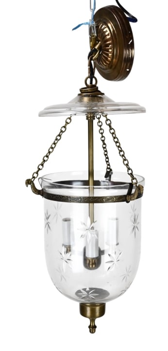Rubbed Brass & Etched Glass Cloche Pendant Lantern: Rubbed Brass & Etched Glass Cloche Pendant Lantern. Measures 18 inches x 8 inches in diameter.