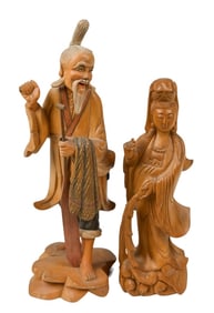 2 Vintage Chinese Hand Carved Statues
