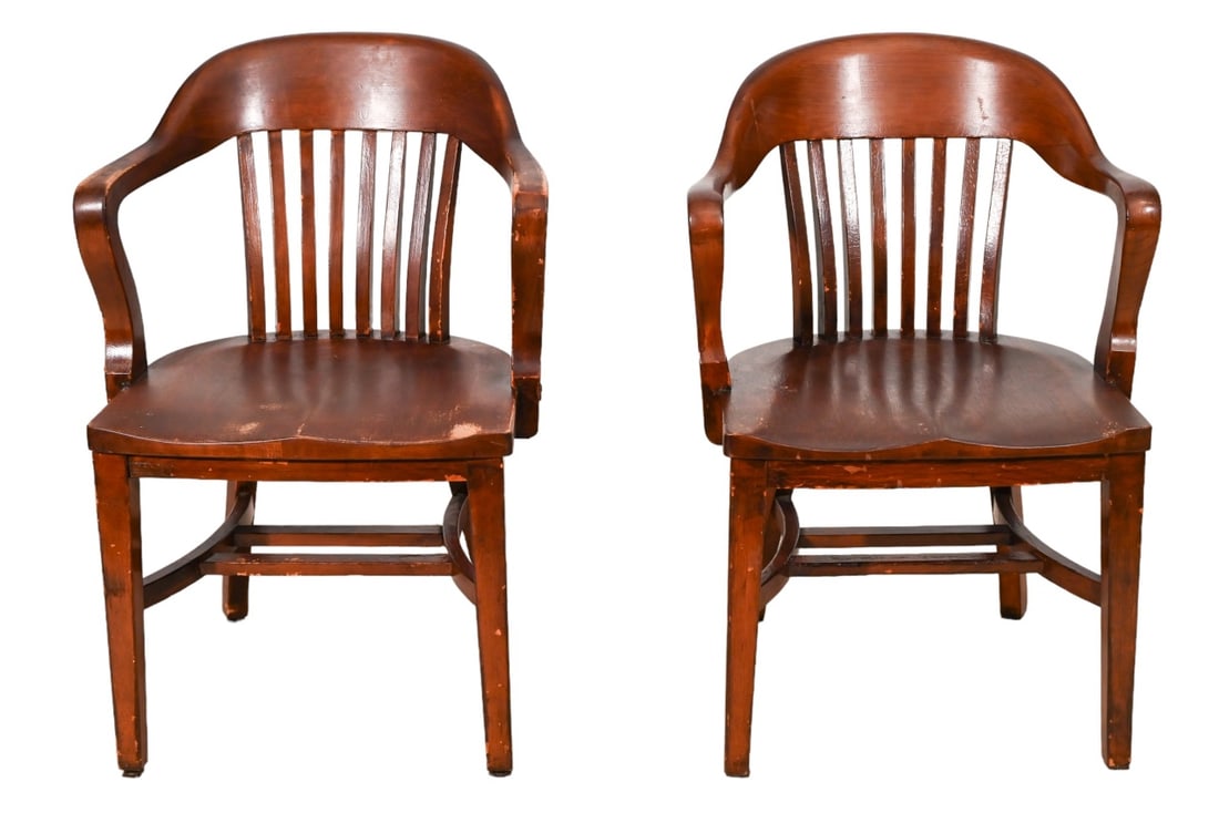 Pair Vintage Carved Read Oak Bankers Armchairs: Pair Vintage Hand Carved Read Oak Bankers Armchairs.Measures 33 inches x 24 inches x 20 inches, seat height 18 inches.