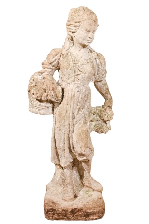Antique Cast Stone Garden Statue Girl w Basket (1 of 12)