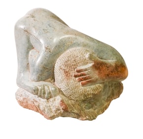 Inuit Carved Stone Statue of Crouched Man