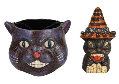 Halloween Paper Mache Black Cat Basket & Statue