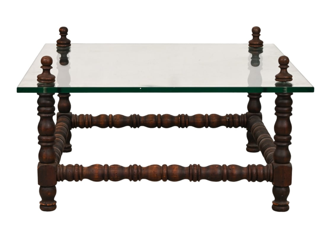 Antique Carved Wood and Glass Top Table: Antique Carved Wood and Glass Top Table. Needs Refurbishment.Measures 21 inches x 36 inches x 36 inches.