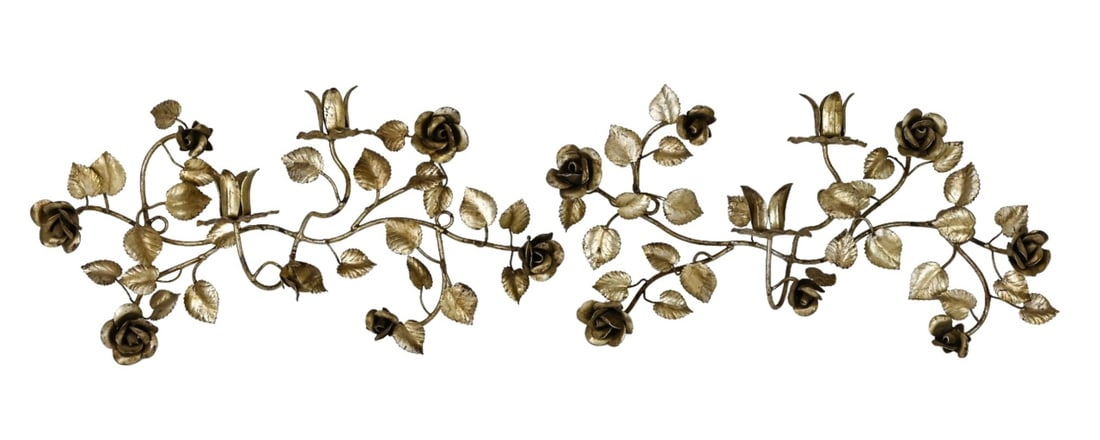 Pair Vintage Tole Rose Motif Candle Sconces (1 of 7)