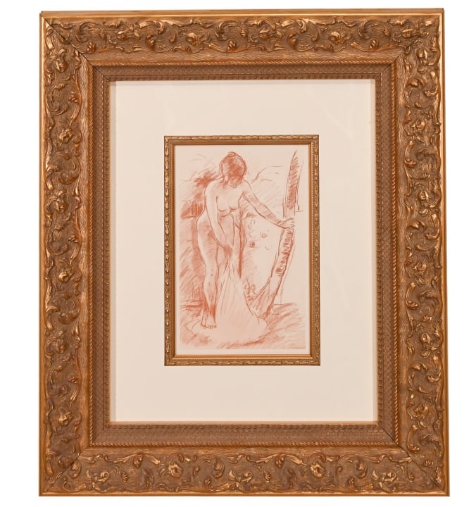 Berthe Morisot Lithograph Femme Au Bain w COA: Berthe Morisot Lithograph Titled Femme Au Bain with Certificate of Authenticity Certifying First Edition, Printed in Paris 1935 In Carved Frame. Framed measures 21 inches x 18 inches, art measures 10