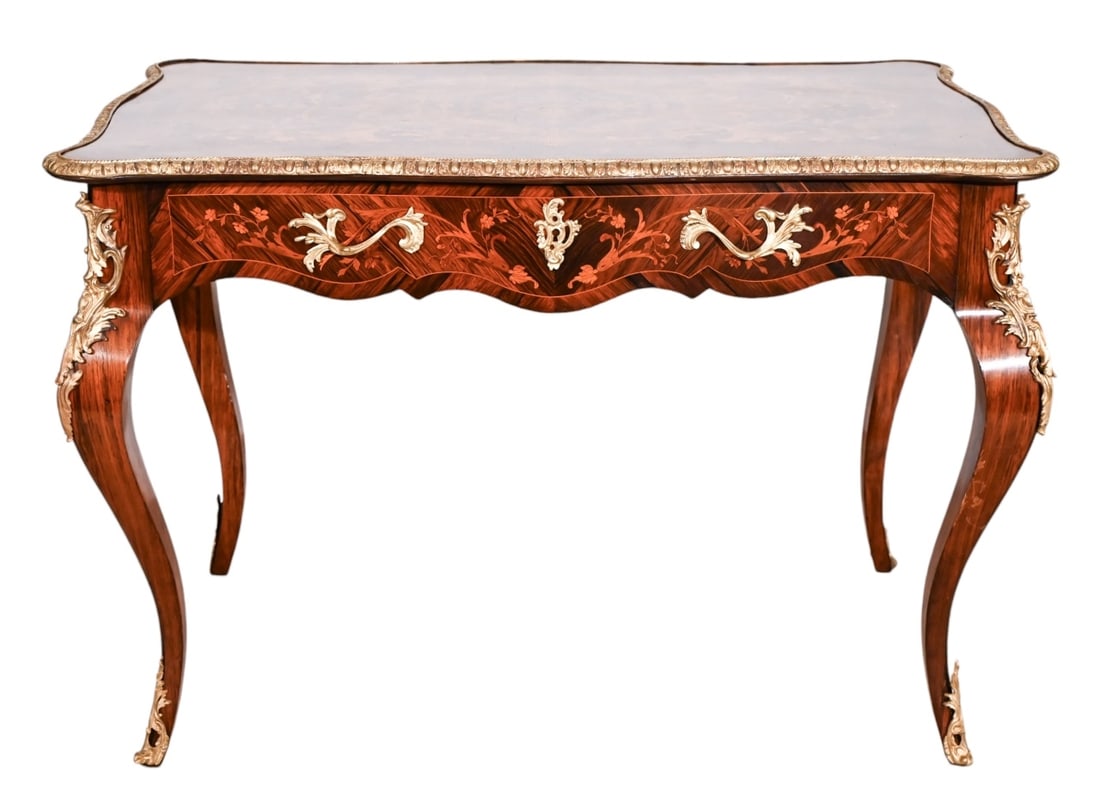French Carved Inlaid Marquetry Bronze Mounts Desk: French Hand Carved Inlaid Marquetry Bronze Mounts Desk.Measures 31 inches x 45 inches x 29 inches.