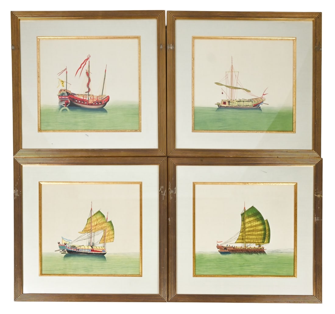4 Chelsea House Silk Paintings Chinese Sail Boats: 4 Chelsea House Paintings on Silk of Chinese Sail Boats, Framed. Each measures 21 inches x 21 inches.