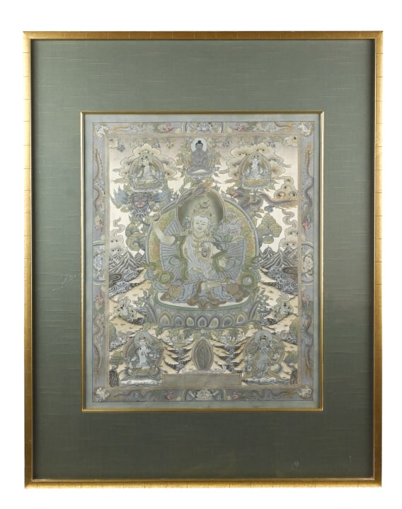 Tibetan Gouache Framed Thangkas Savior Goddess: Tibetan Gouache Framed Thangkas Savior Goddess or Green Tara. Measures 28 inches x 22 inches.