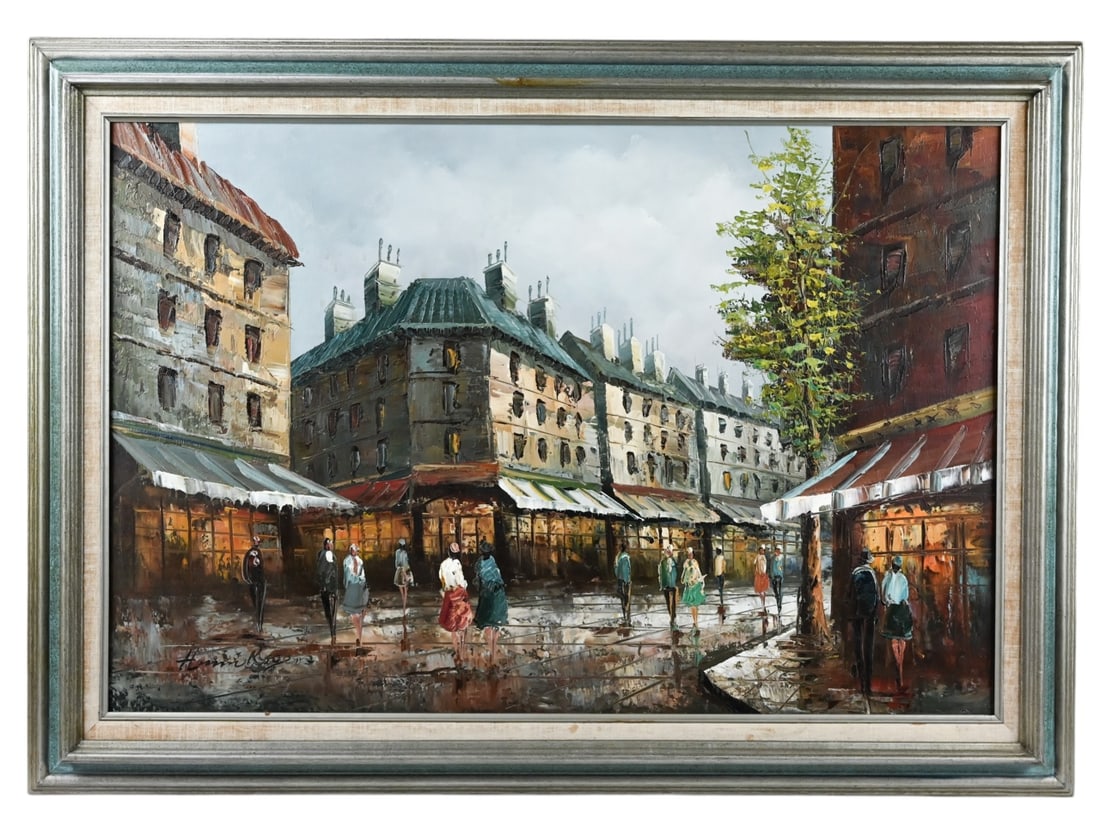 Henri Rogers Signed Mid C Oil Painting Paris: Henri Rogers, France 20th Century, Signed Mid Century Oil Painting of Paris Streets. Framed measures 32 inches x 42 inches, art measures 24 inches x 35 inches.