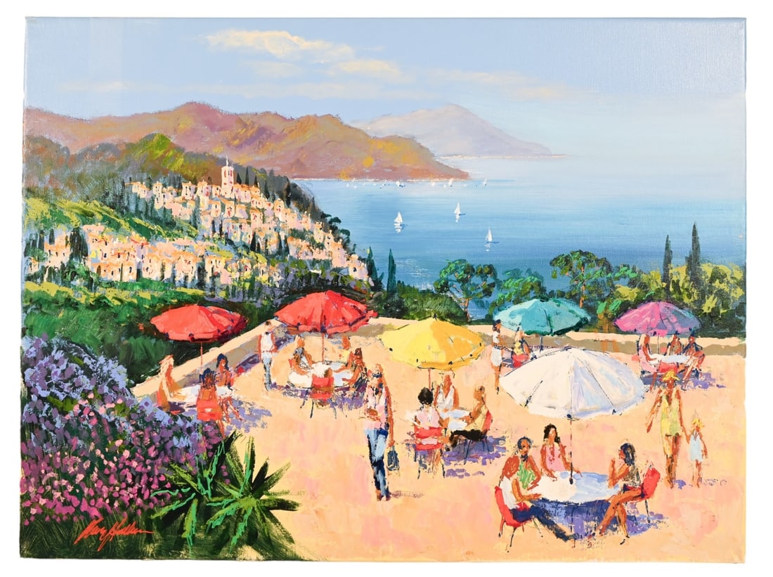 Kerry Hallam Signed Painting Terrace D'Accord: Kerry Hallam, American 1937 - 2020, Signed Acrylic Painting on Canvas Titled Terrace D'Accord, Unframed. Measures 30 inches x 40 inches. From the artist's estate.