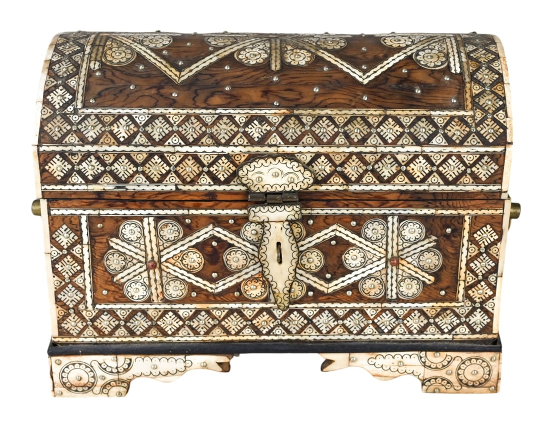 Moroccan Hand Carved Chest w Carved Bone Inlay: Moroccan Hand Carved Chest w Carved Bone Inlay and Brass Fittings. Measures 13 inches x 18 inches x 10 inches.
