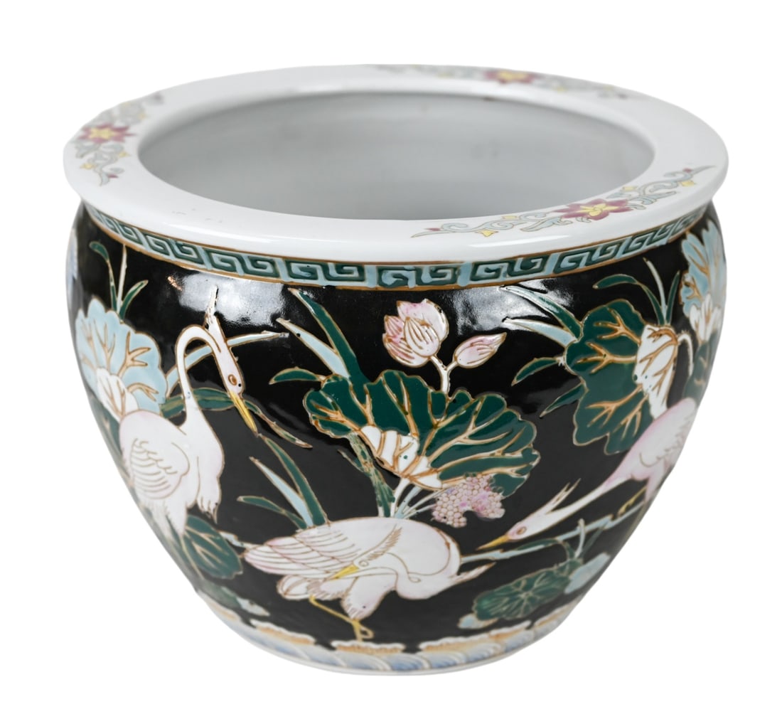 Chinese Porcelain Famille Noir Fish Bowl: Chinese Porcelain Famille Noir Fish Bowl or Planter with Painted Koi Inside Bowl. Measures 8 inches x 10 inches in diameter.