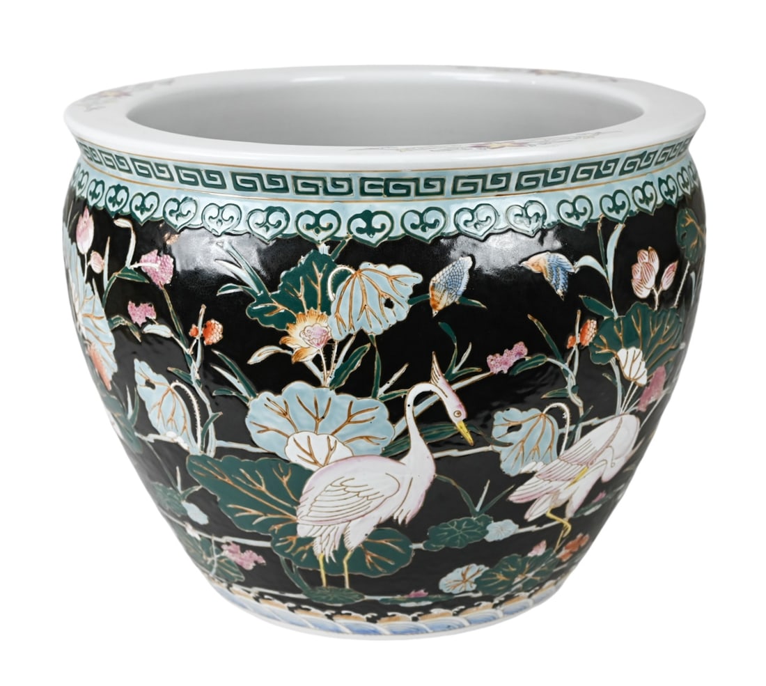 Chinese Porcelain Famille Noir Large Fish Bowl: Chinese Porcelain Famille Noir Large Fish Bowl or Planter with Painted Koi Inside Bowl. Measures 16 inches x 20 inches in diameter.