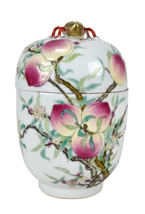 Chinese Porcelain Tea Caddy w Peach & Bat Motif (1 of 10)