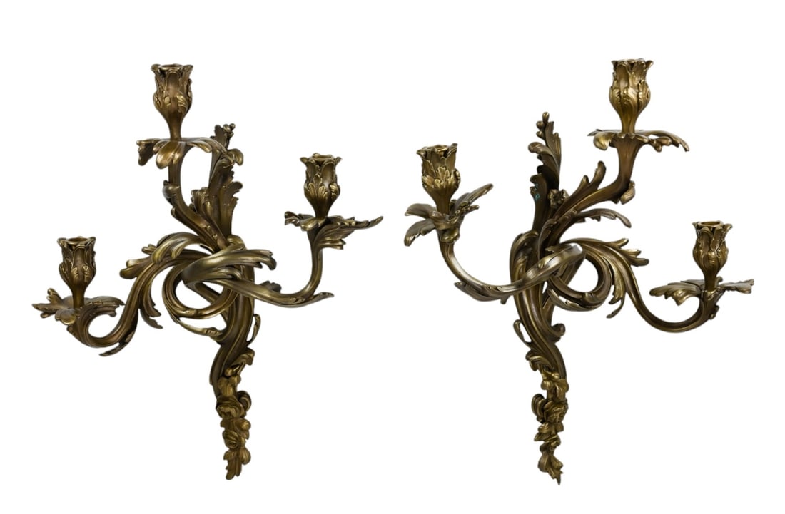 Pair French Henri Vian Signed Gilt Bronze Sconces: Pair French Henri Vian Signed Gilt Bronze Sconces.Measures 24 inches x 17 inches x 9 inches.
