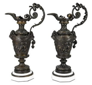 Pair Antique Bronze Ewers w Marble Mounts