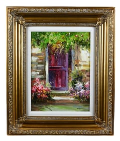Signed Oil Painting of Garden Door Framed