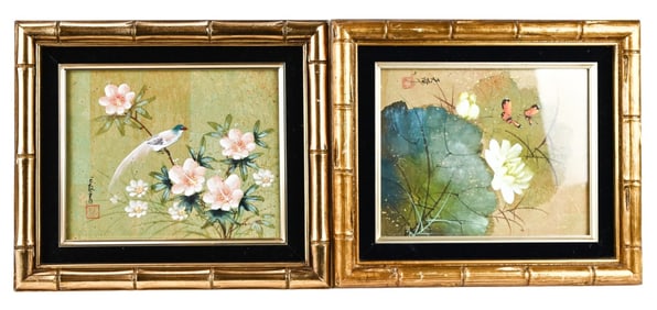 Pair Chinese Watercolor Painting Gilt Enhancements
