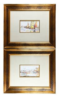 Pair Professionally Framed Paul Signac Prints: Pair Professionally Framed Paul Signac Prints St. Tropez, in Gilt Hand Painted Cushion Frames. Measures 22 inches x 26 inches, prints measure 6 inches x 10 inches.
