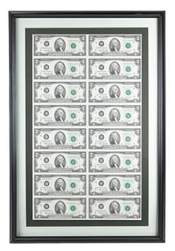 1976 Uncut Sheet U.S. $2 Dollar Bills Framed