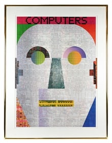 Framed Expressionist Poster Robot Head w Computers