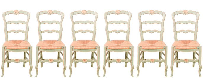 6 French Provincial Carved Rush Seat Side Chairs