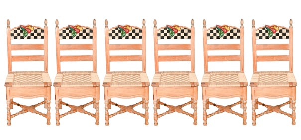 6 Country Carved Painted Pine Rush Side Chairs