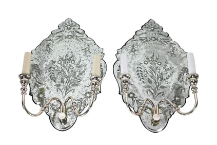 Pair Antique Etched Glass Mirrored Sconces