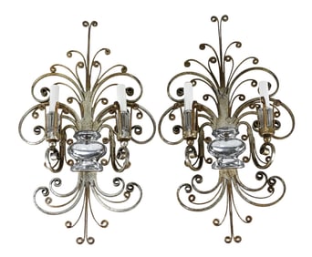Pair Wrought Iron Antiqued Silver Tone Sconces