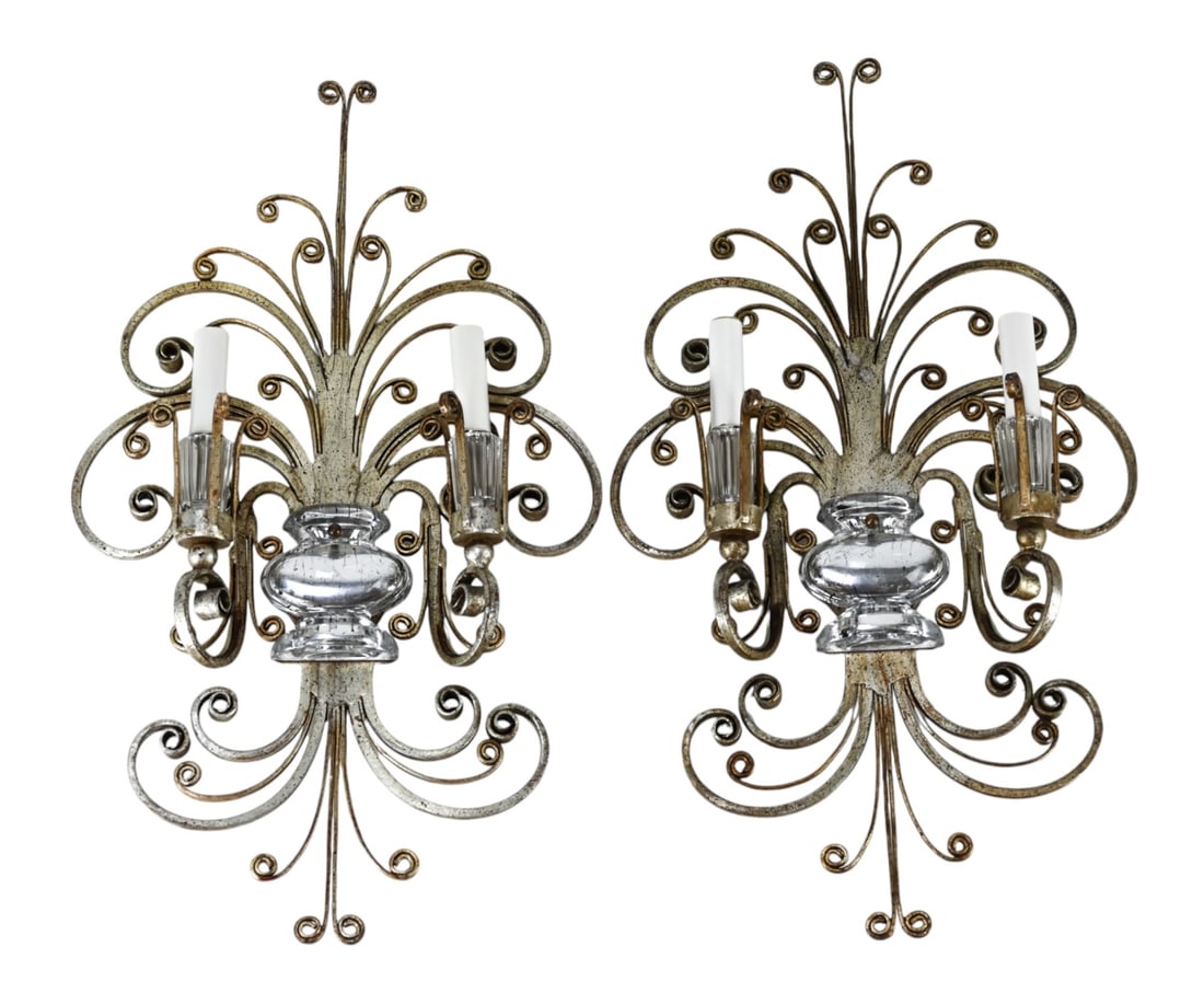 Pair Wrought Iron Antiqued Silver Tone Sconces (1 of 7)
