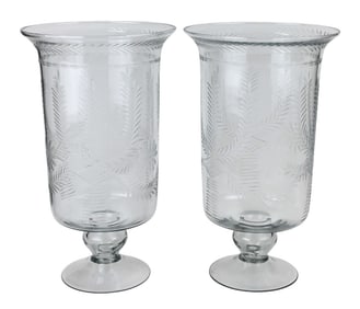 Pair Etched Glass Hurricane Table Pillar Lanterns