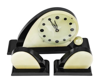 Art Deco Polished Slate & Agate Clock & Bookends