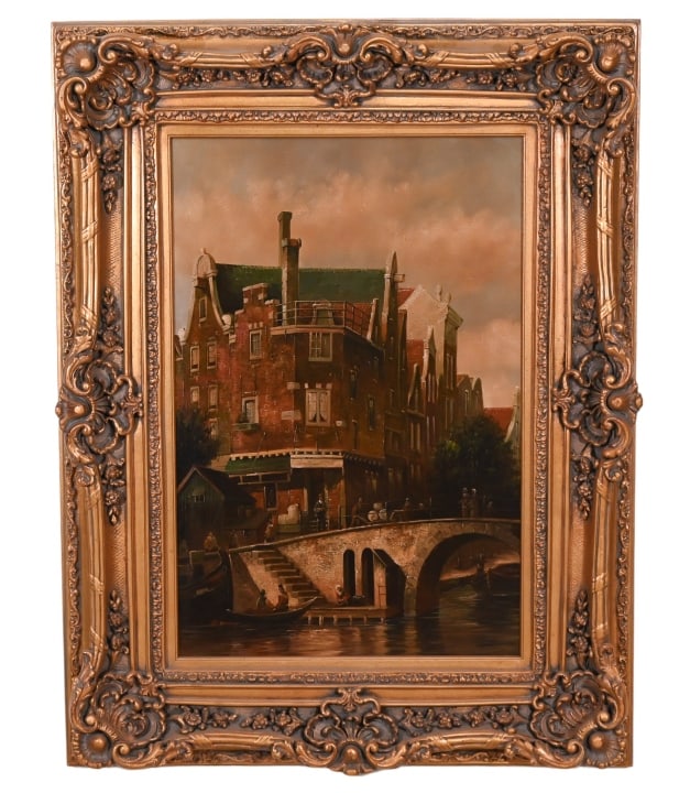 Dutch School Signed Oil Painting City on River: Dutch School Signed Oil Painting City on River in Carved Gilt Frame. Framed measures 52 inches x 40 inches, art measures 35 inches x 24 inches.
