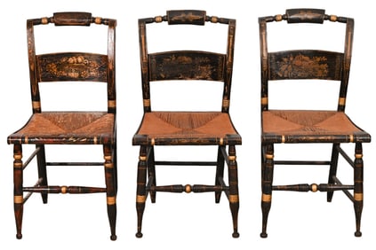 3 Antique Hitchcock Painted Rush Seat Chairs
