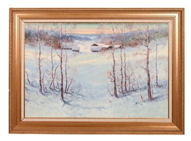 Signed Oil Painting of Winter Forest Landscape