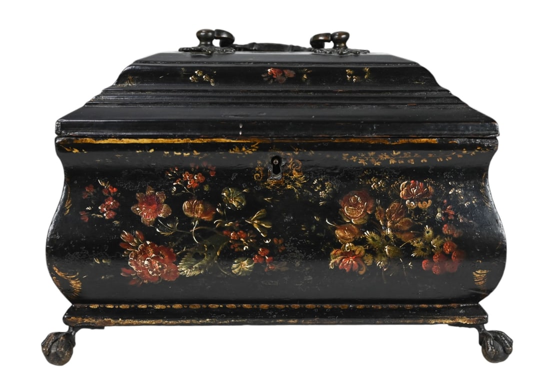 Antique Carved Black Lacquered Painted Tea Caddy (1 of 7)