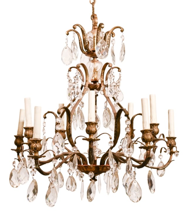 French Iron Gilt Cut Crystal and Glass Chandelier: French Louis XVI Style Iron Gilt Cut Crystal and Glass 10 Light Chandelier/Measures 26 inches x 26 inches diameter.