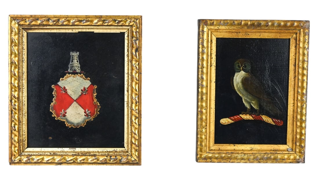 2 18th C Coat of Arms Oil Paintings Antique Frames: 2 18th Century Coat of Arms Oil Paintings in Antique Frames. Larger measures 7 inches x 8 inches.